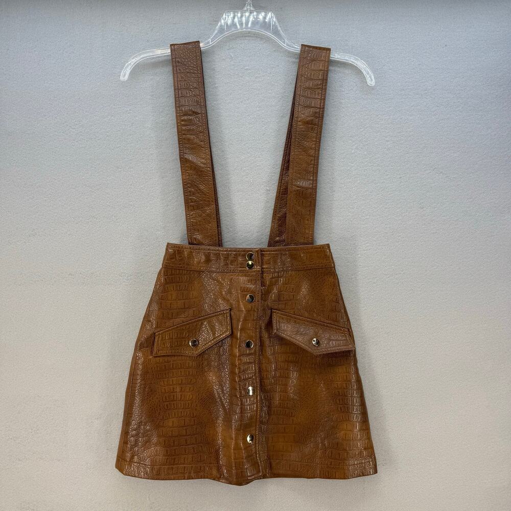 Zara Skirt Women's XS Brown Croc Embossed Vegan Leather Suspenders Miniskirt - Picture 1 of 10